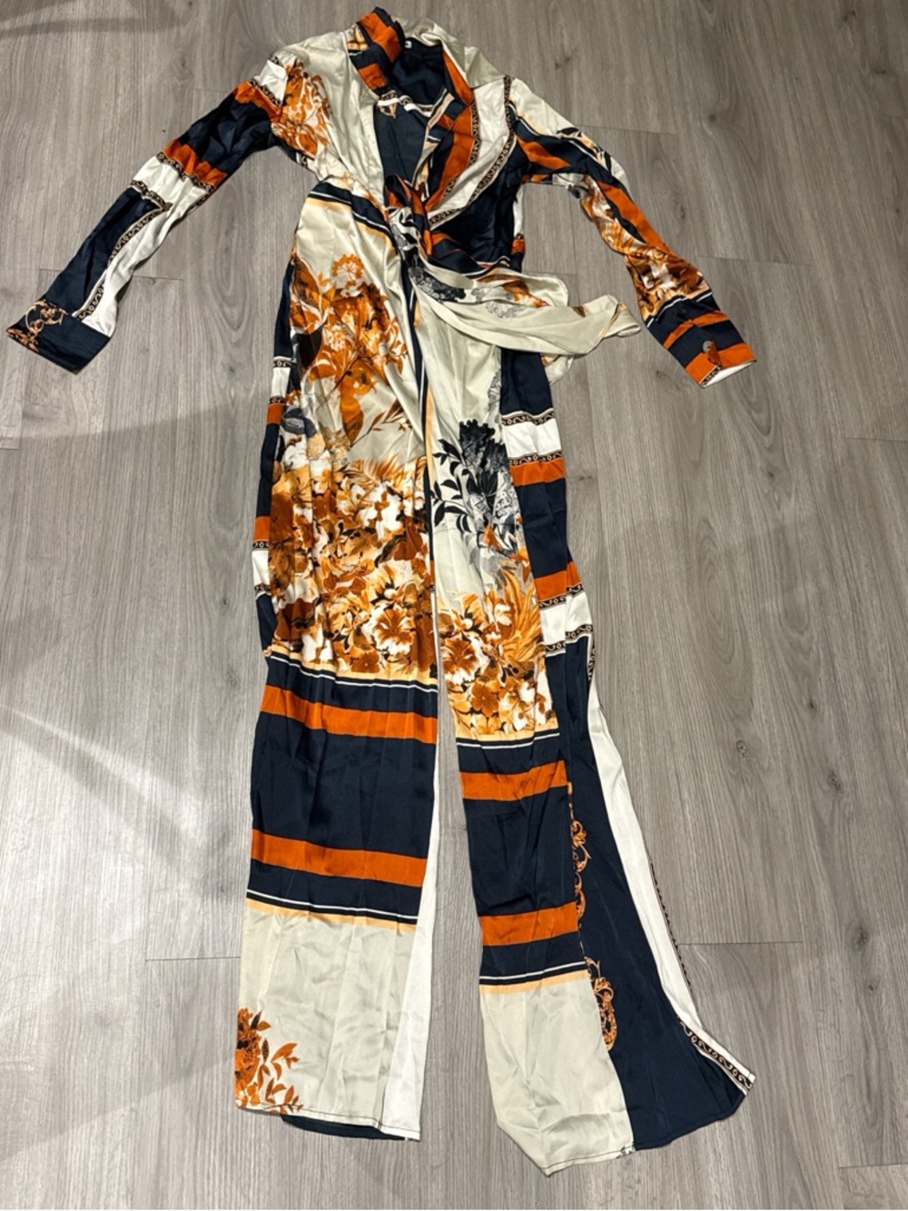 Floral Print Wide-Leg Jumpsuit in Navy, Orange & Cream